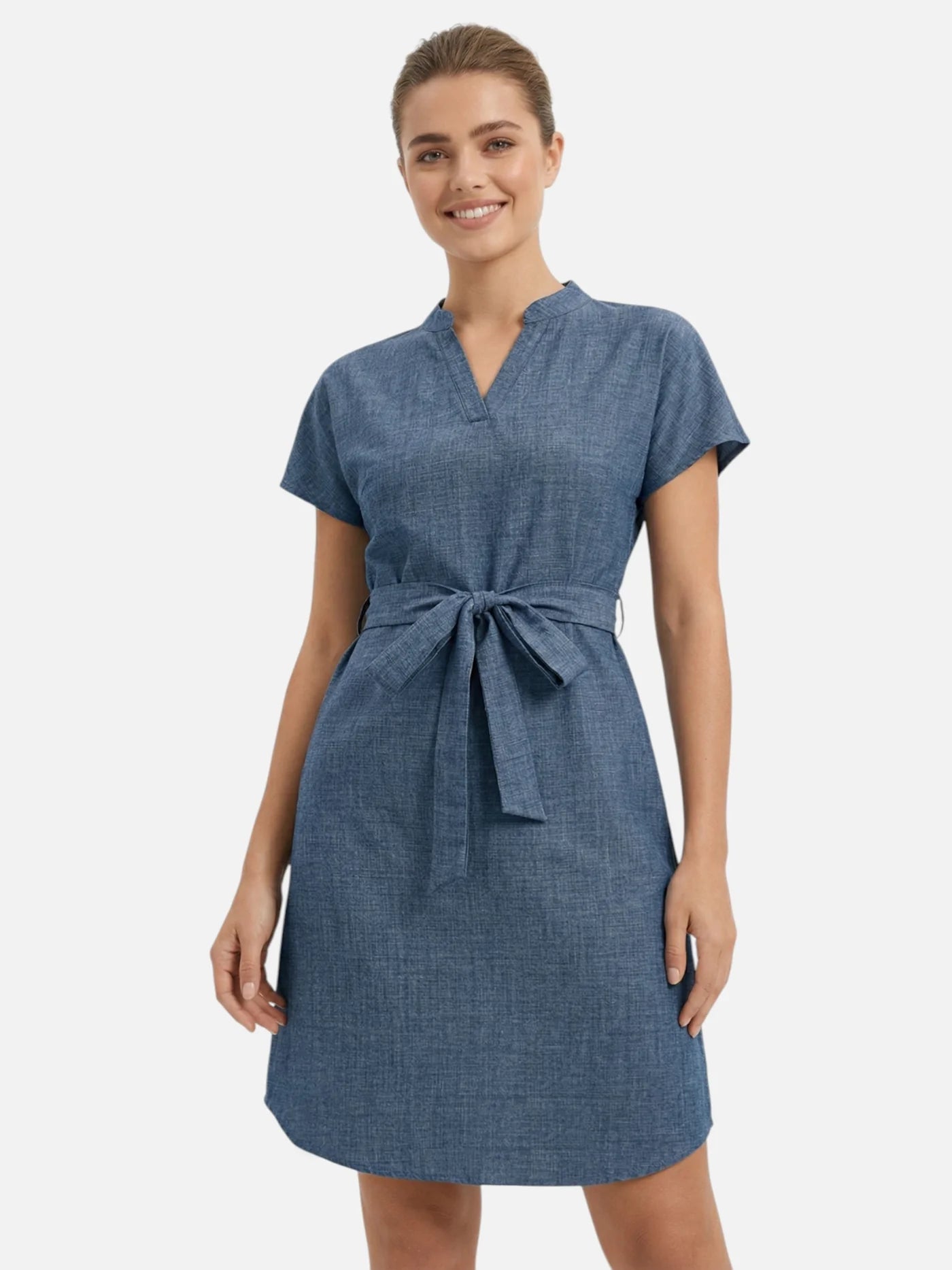 Women’s Belted Dress with Split Neck and Short Sleeves