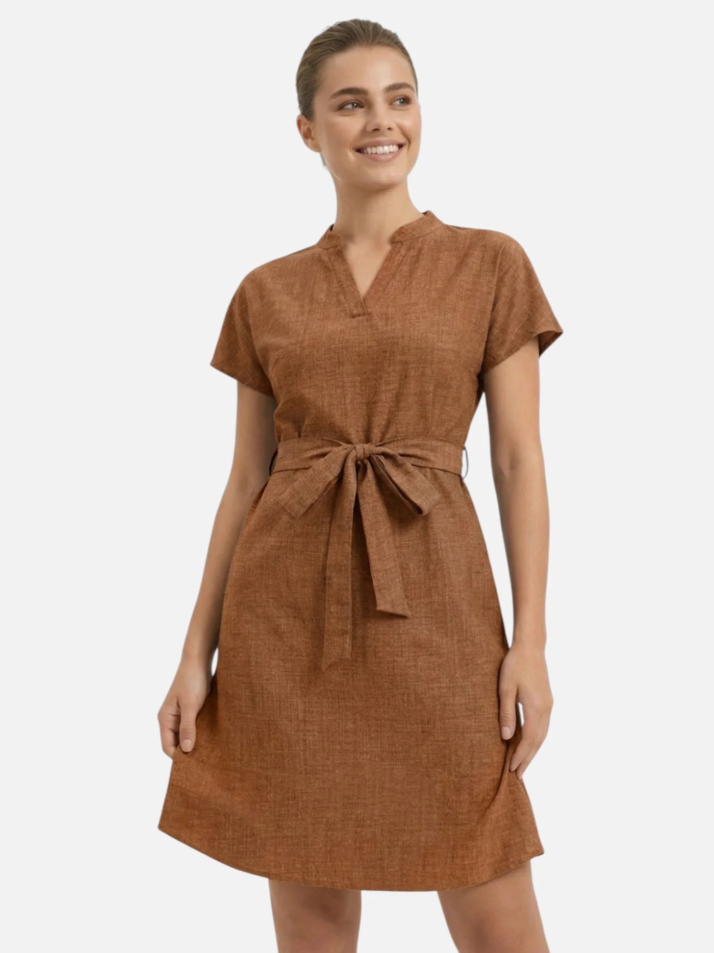 Women’s Belted Dress with Split Neck and Short Sleeves
