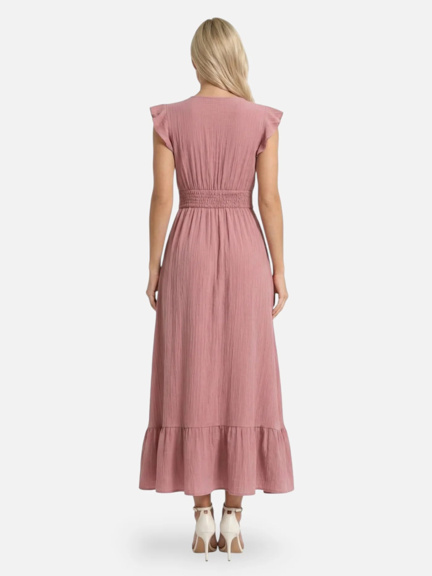Women’s Flowy Maxi Dress with V Neck Ruffle Sleeves and Smocked Waist