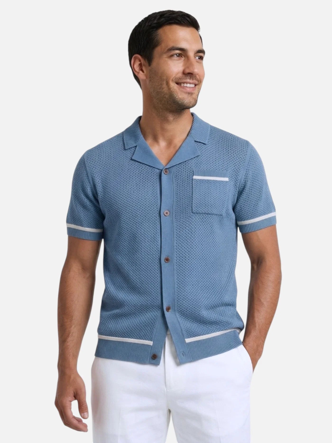 Men’s Breathable Knit Polo Shirt Open Collar Button Front Short Sleeve