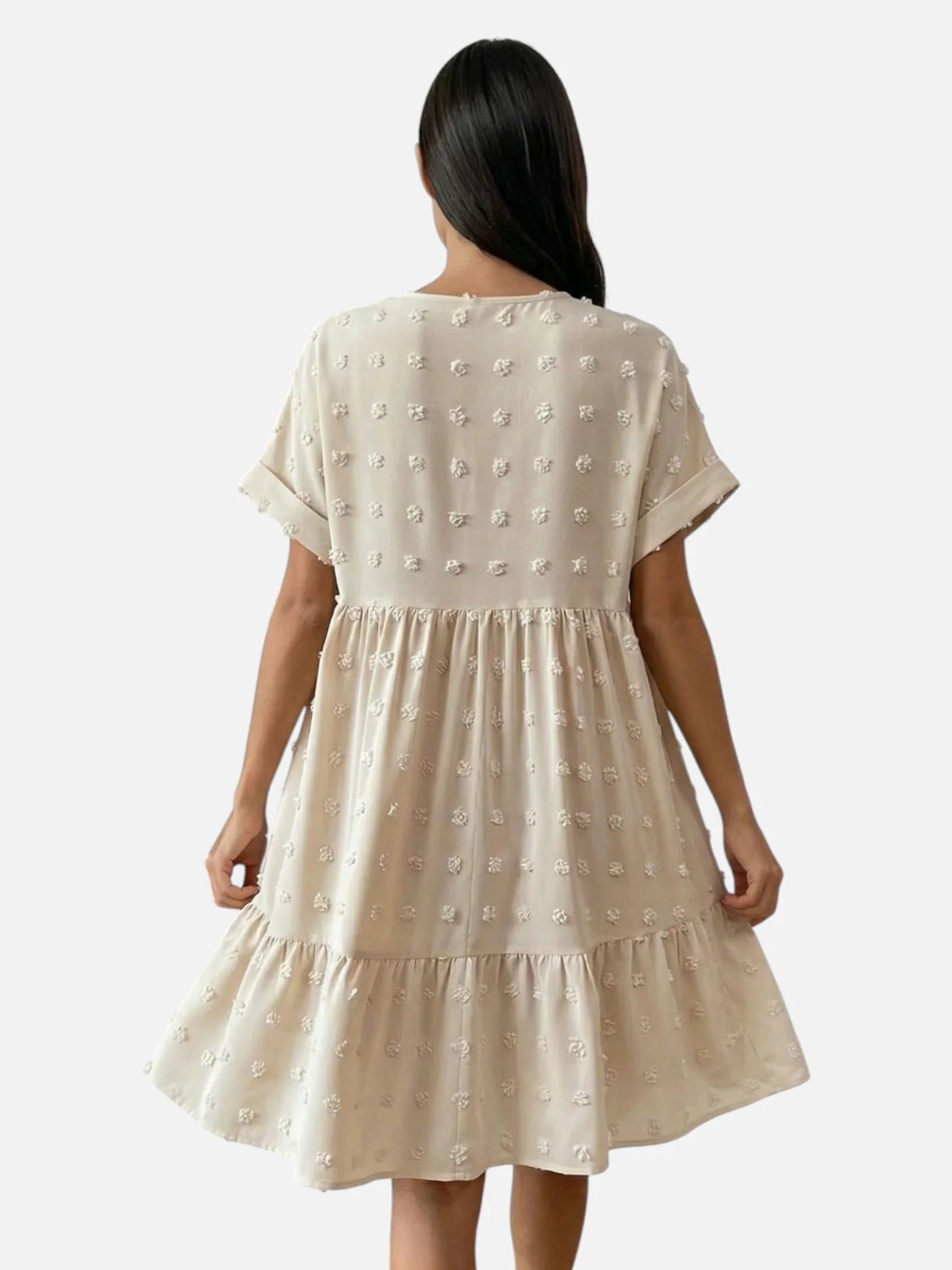 Women’s Flowy Mini Dress with V Neck Short Sleeves and Textured Fabric