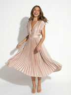 Women’s Pleated Midi Dress with V-Neck