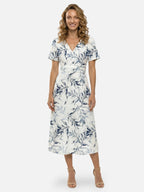 Women’s Leaf Print Midi Dress with V Neck and Flowy A-Line Fit