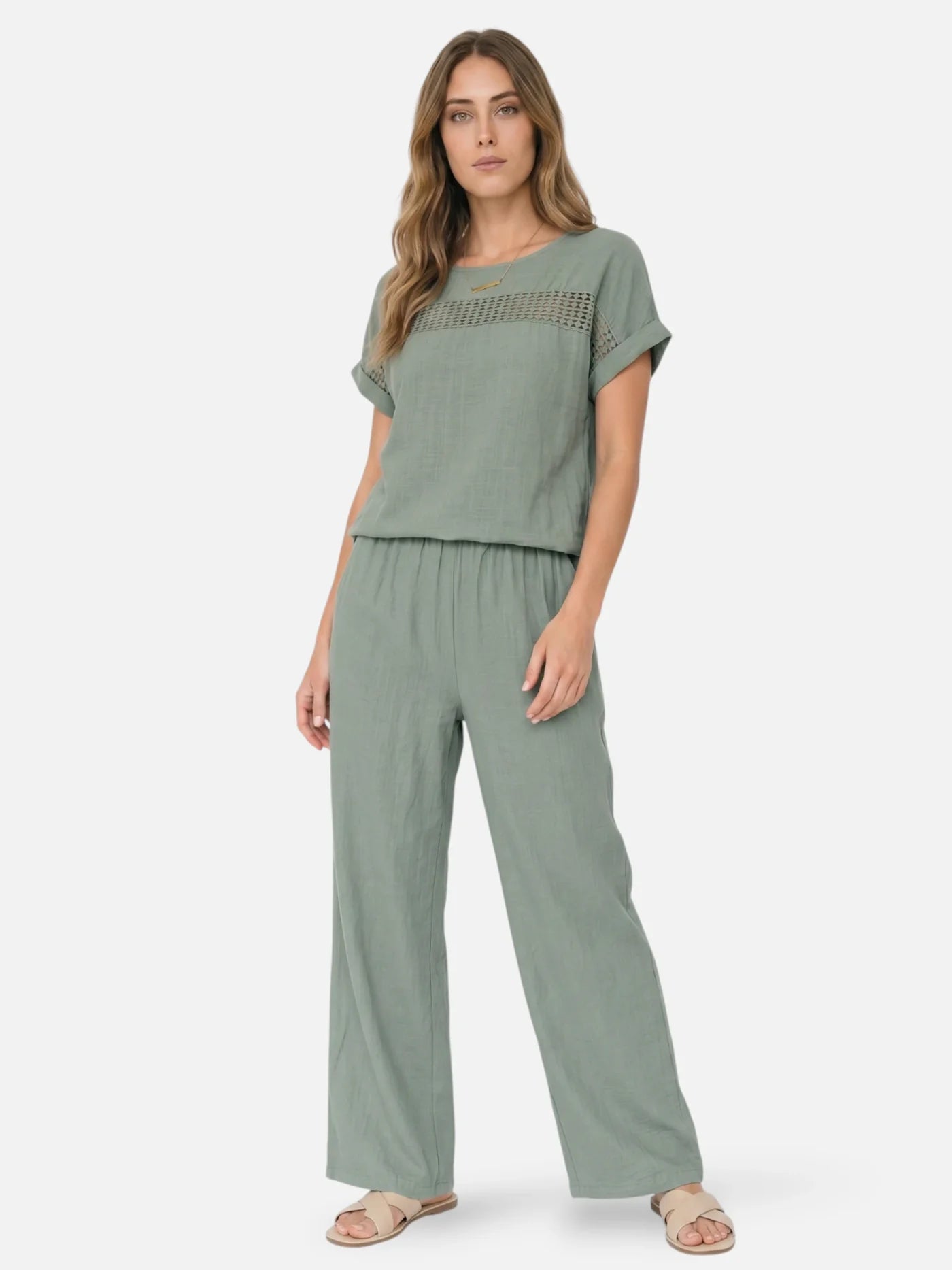 Women’s Matching Set with Short Sleeve Top and Wide Leg Pants – Lightweight Summer Outfit