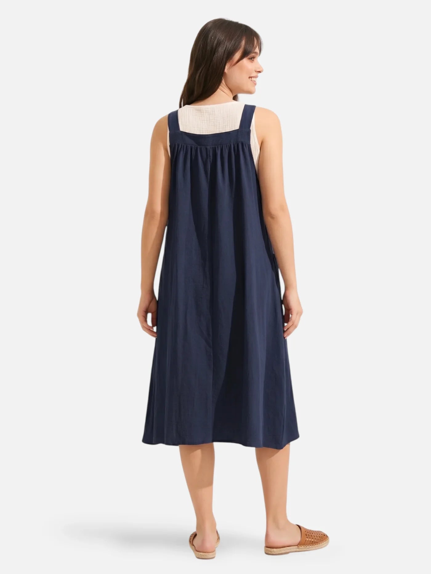 Women's Midi Pinafore Dress with Adjustable Straps and Side Pockets