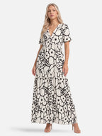 Women's Floral Maxi Dress with V-Neck and Tiered Ruffle Skirt