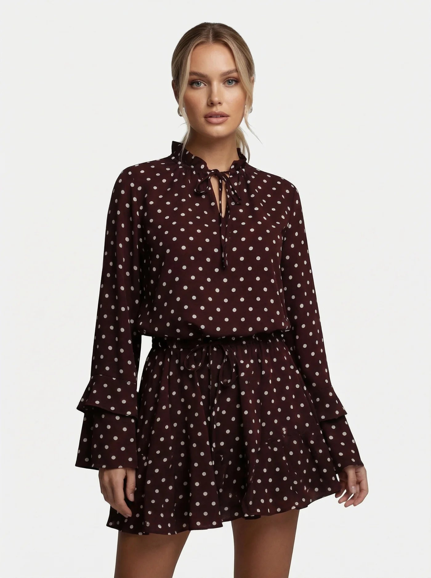 Women’s Polka Dot Dress with High Neck Tie and Long Sleeves