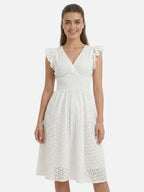 Women’s Broderie Midi Dress with V Neck Ruffle Sleeves and Smocked Waist