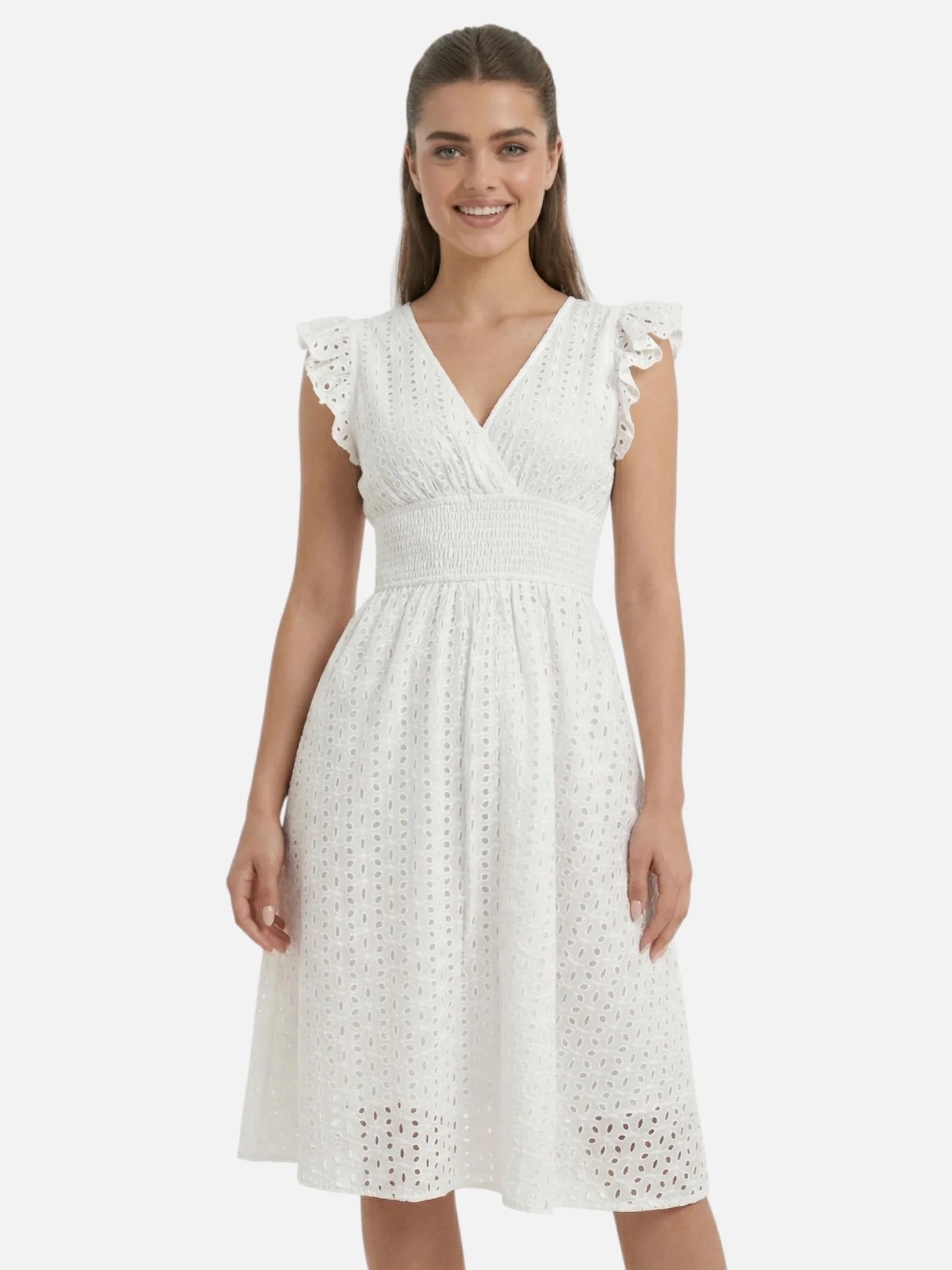 Women’s Broderie Midi Dress with V Neck Ruffle Sleeves and Smocked Waist