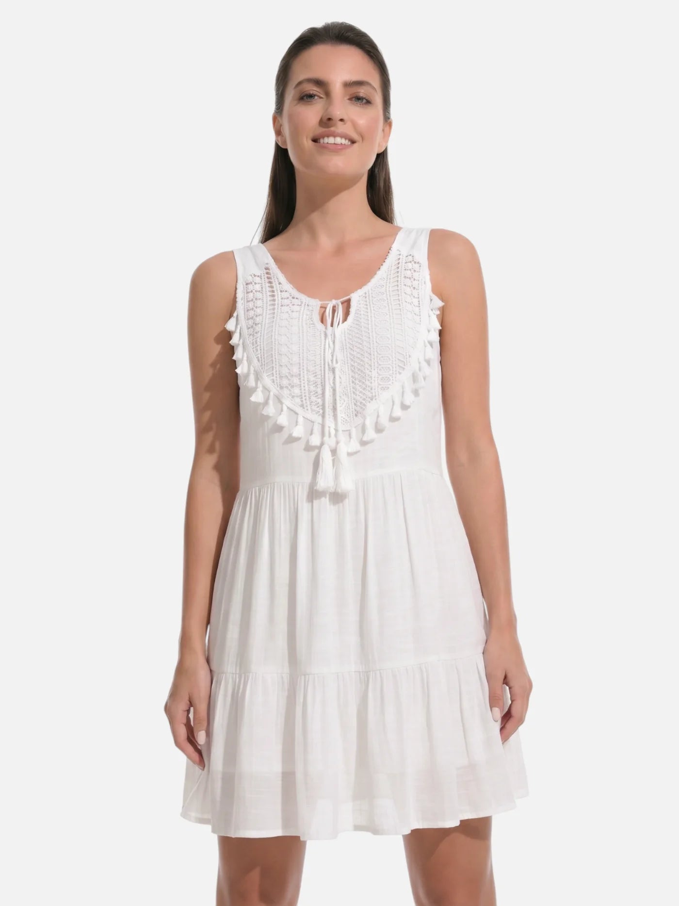 Women's Boho Mini Dress with Crochet Yoke and Tassel Trim