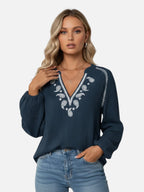 Women’s Embroidered V-Neck Long Sleeve Blouse