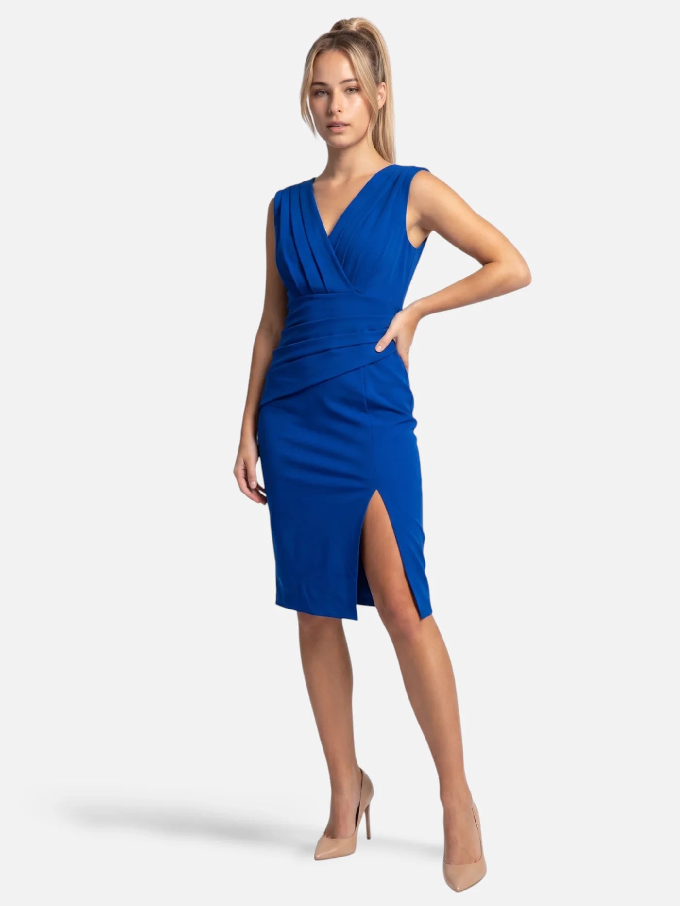 Women's Draped V-Neck Bodycon Dress with Asymmetric Slit