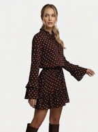 Women’s Polka Dot Dress with High Neck Tie and Long Sleeves