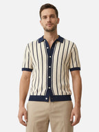 Men’s Striped Knit Polo Shirt Button-Up Textured Short Sleeve