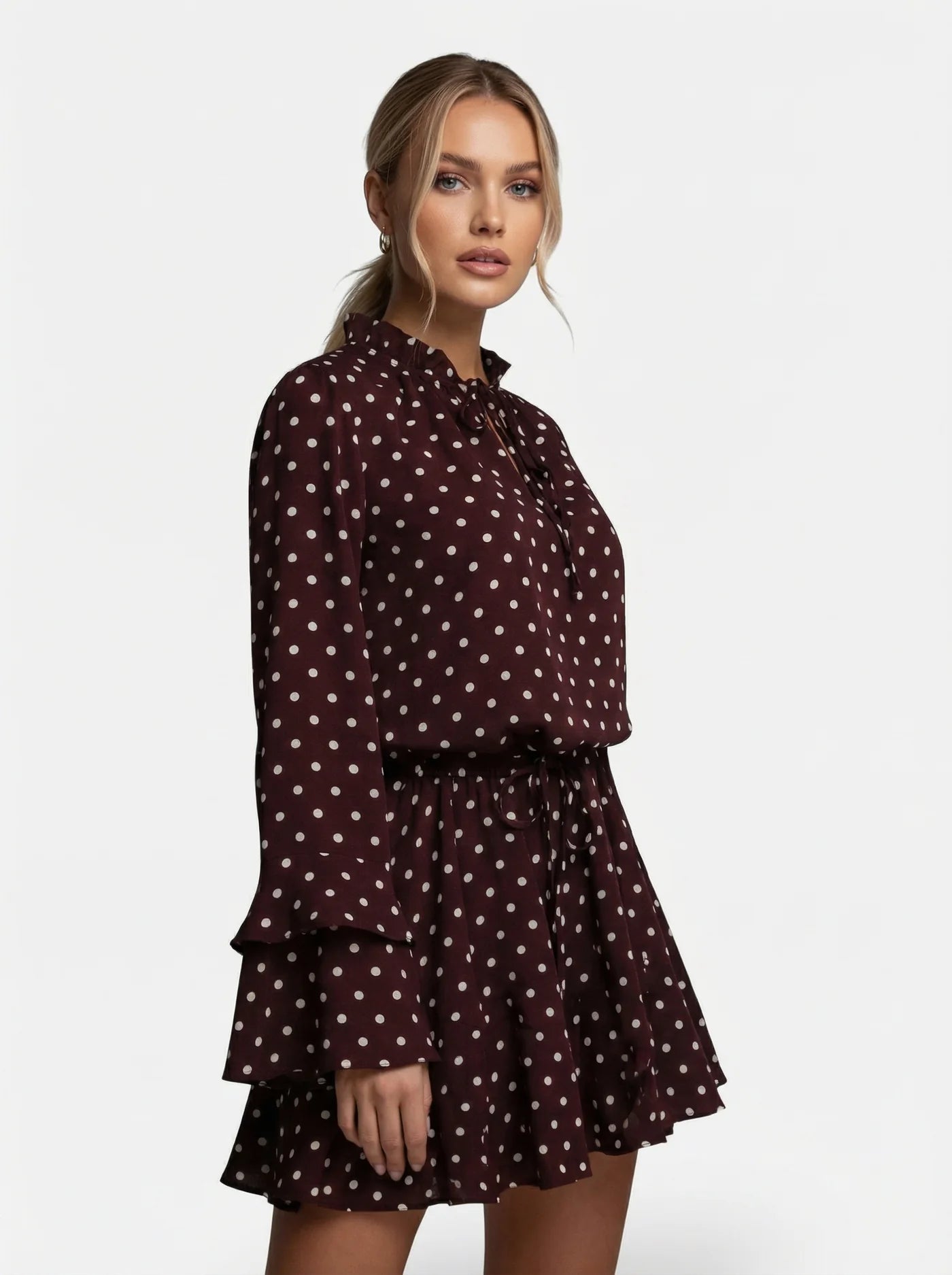 Women’s Polka Dot Dress with High Neck Tie and Long Sleeves