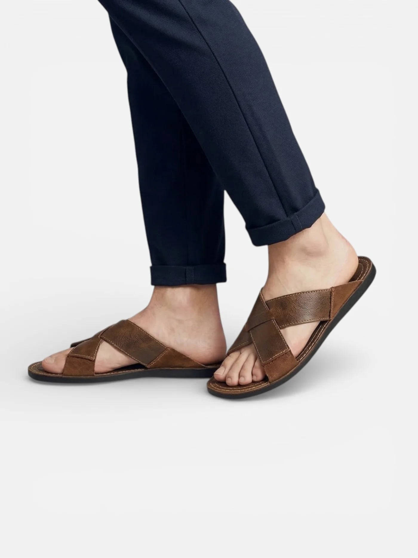 Men’s Leather Slide Sandals with Cross Straps for Summer Comfort