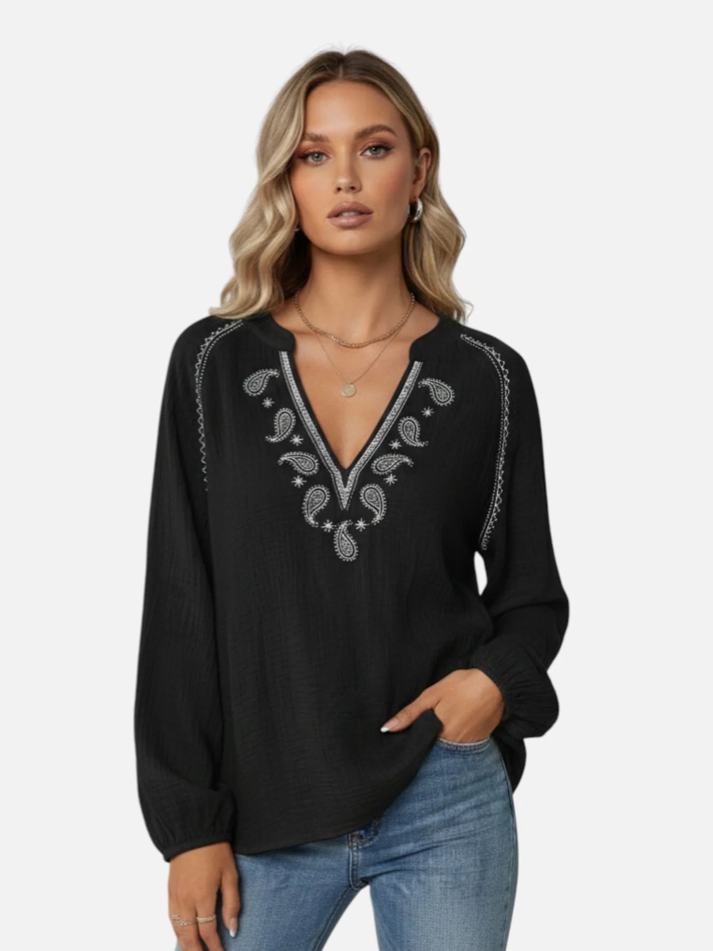 Women’s Embroidered V-Neck Long Sleeve Blouse