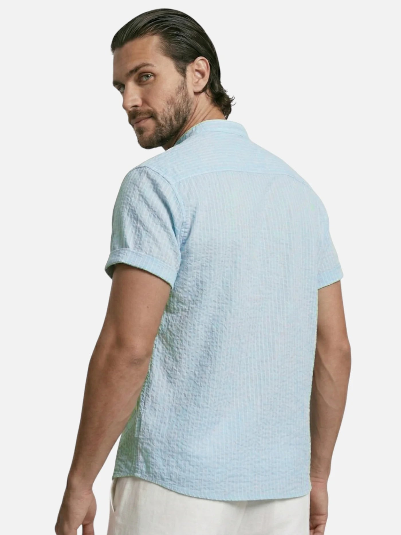 Men’s Striped Short Sleeve Shirt Mandarin Collar Lightweight Summer Shirt