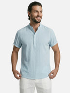 Men’s Striped Short Sleeve Shirt Mandarin Collar Lightweight Summer Shirt