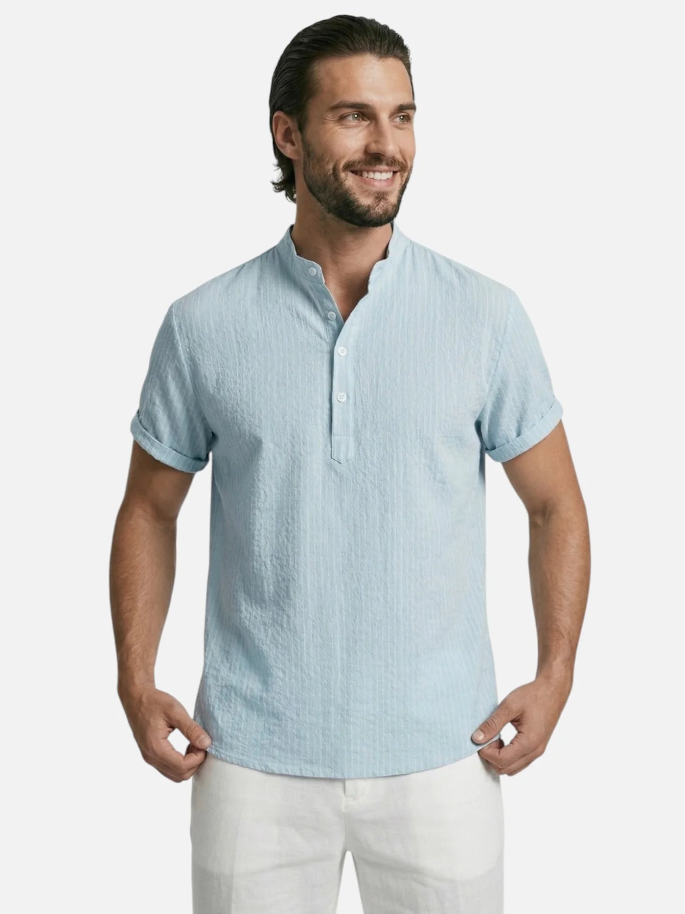 Men’s Striped Short Sleeve Shirt Mandarin Collar Lightweight Summer Shirt