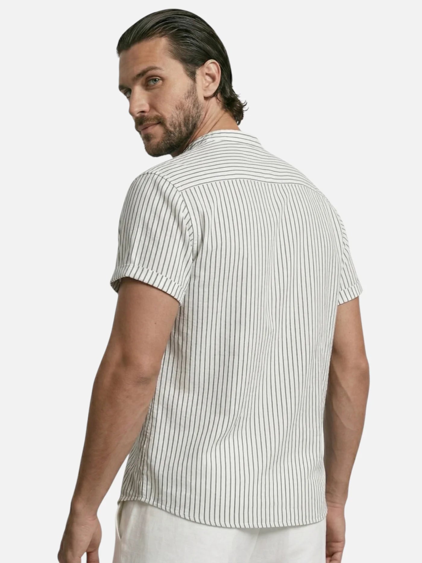 Men’s Striped Short Sleeve Shirt Mandarin Collar Lightweight Summer Shirt
