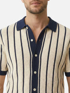 Men’s Striped Knit Polo Shirt Button-Up Textured Short Sleeve