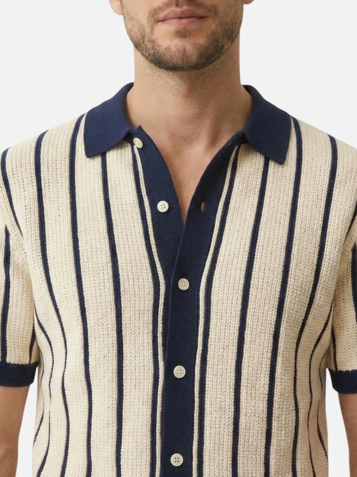Men’s Striped Knit Polo Shirt Button-Up Textured Short Sleeve