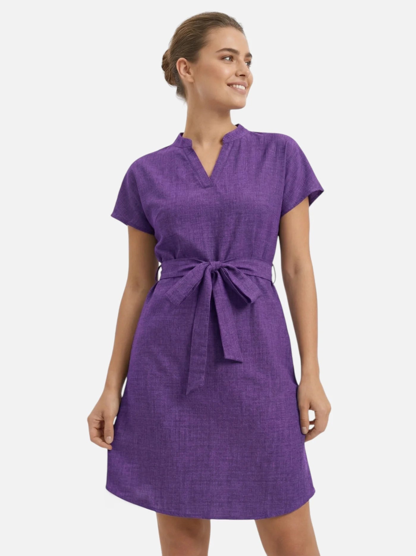 Women’s Belted Dress with Split Neck and Short Sleeves