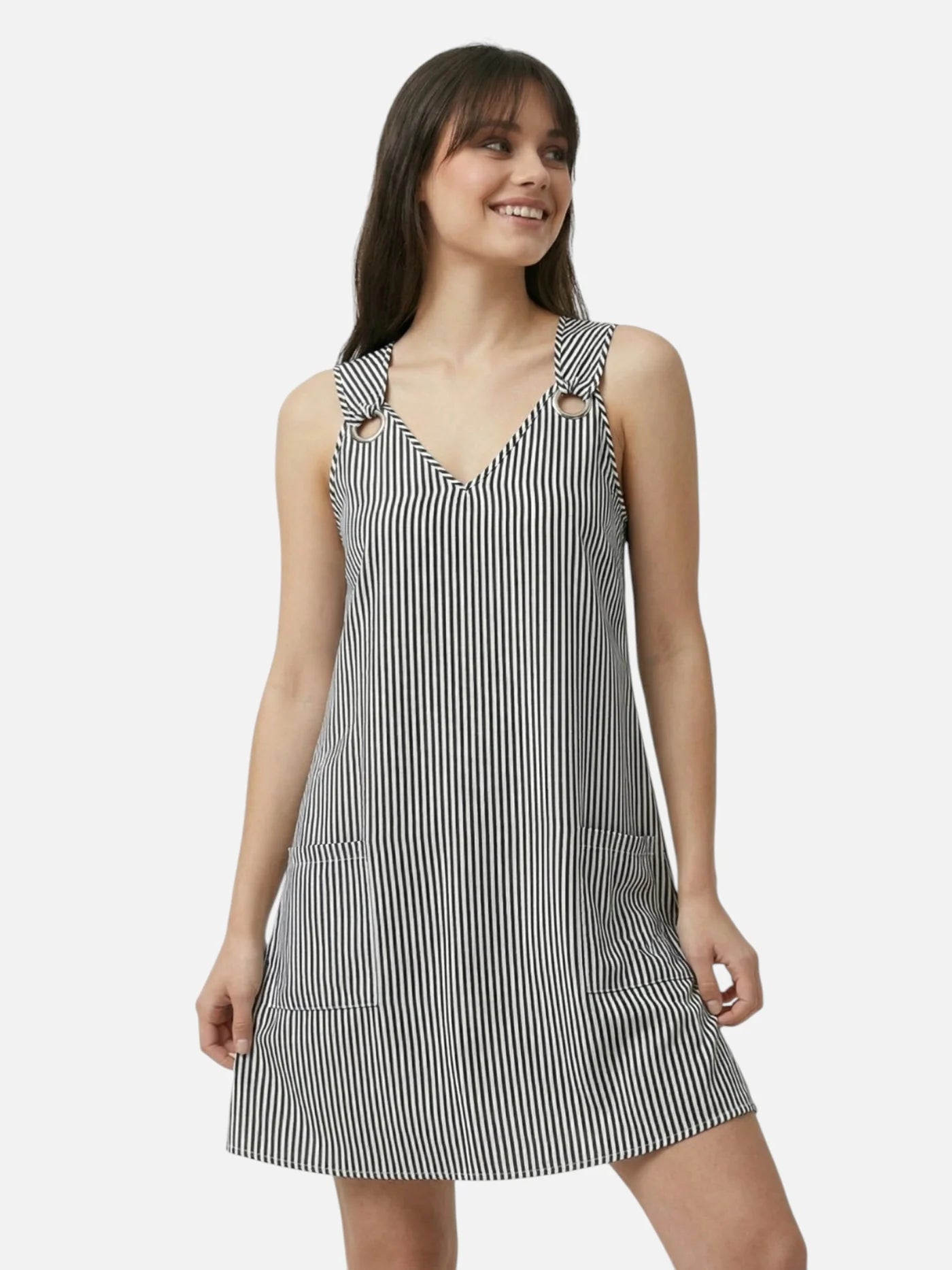Women’s Striped A Line Mini Dress with Pockets Ring Detail and Sleeveless Design