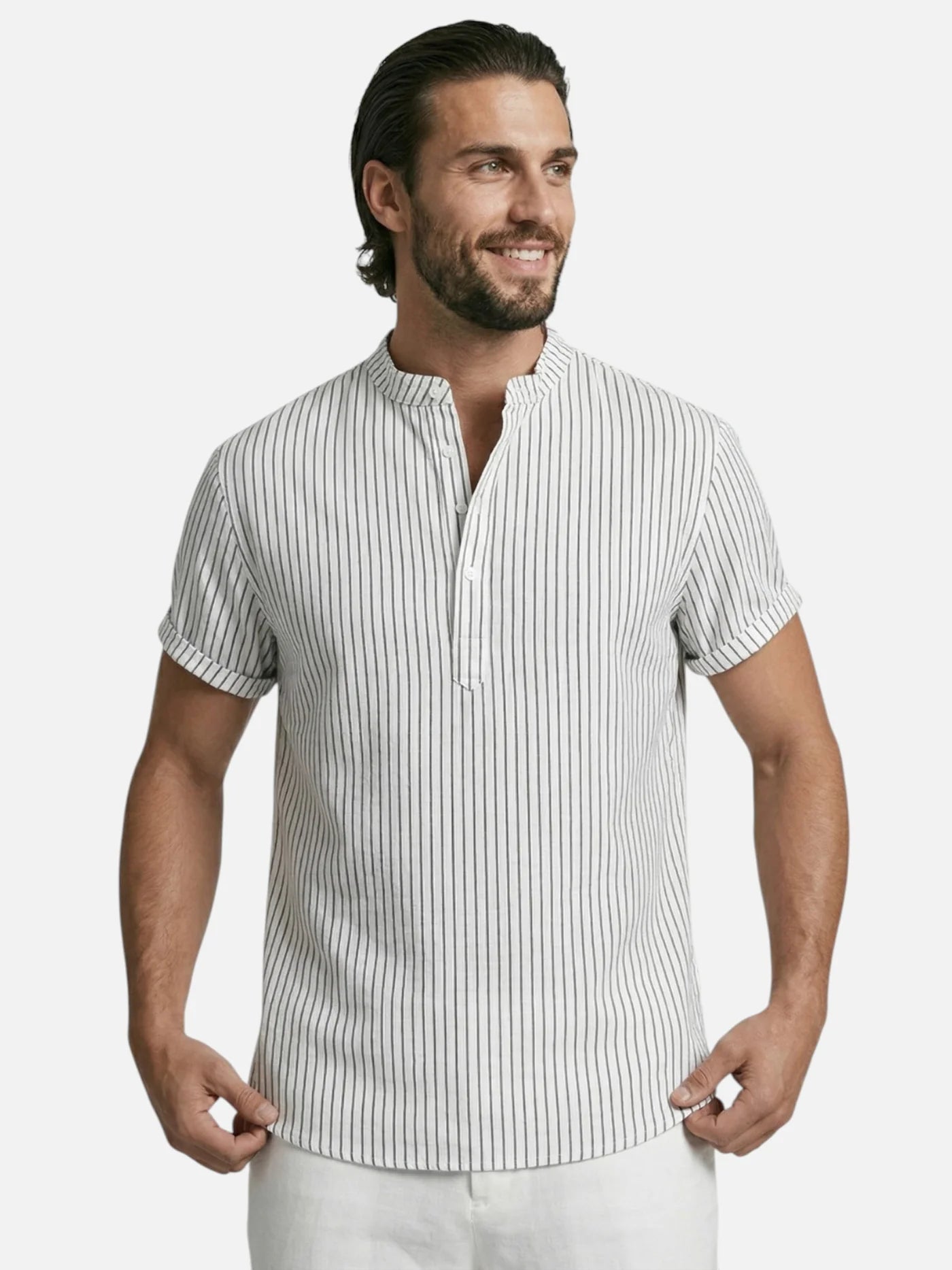 Men's Striped Short Sleeve Shirt Mandarin Collar Lightweight Summer Sh Marlowe Club Men's Striped Short Sleeve Shirt Mandarin Collar Lightweight Summer Sh Marlowe Club