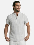 Men’s Striped Short Sleeve Shirt Mandarin Collar Lightweight Summer Shirt