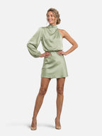 Women's Satin One-Shoulder Mini Dress with Draped Mock Neck