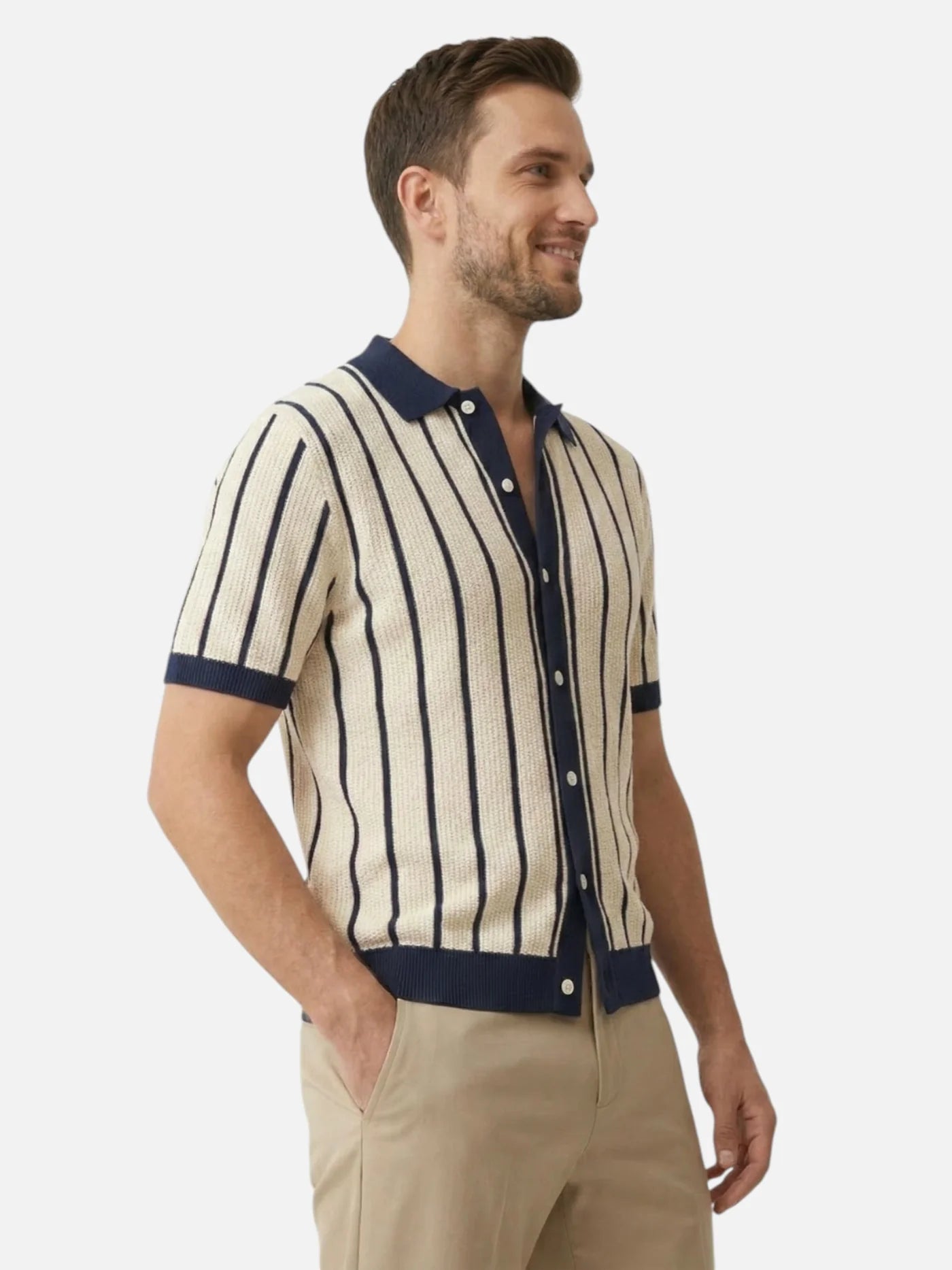 Men’s Striped Knit Polo Shirt Button-Up Textured Short Sleeve