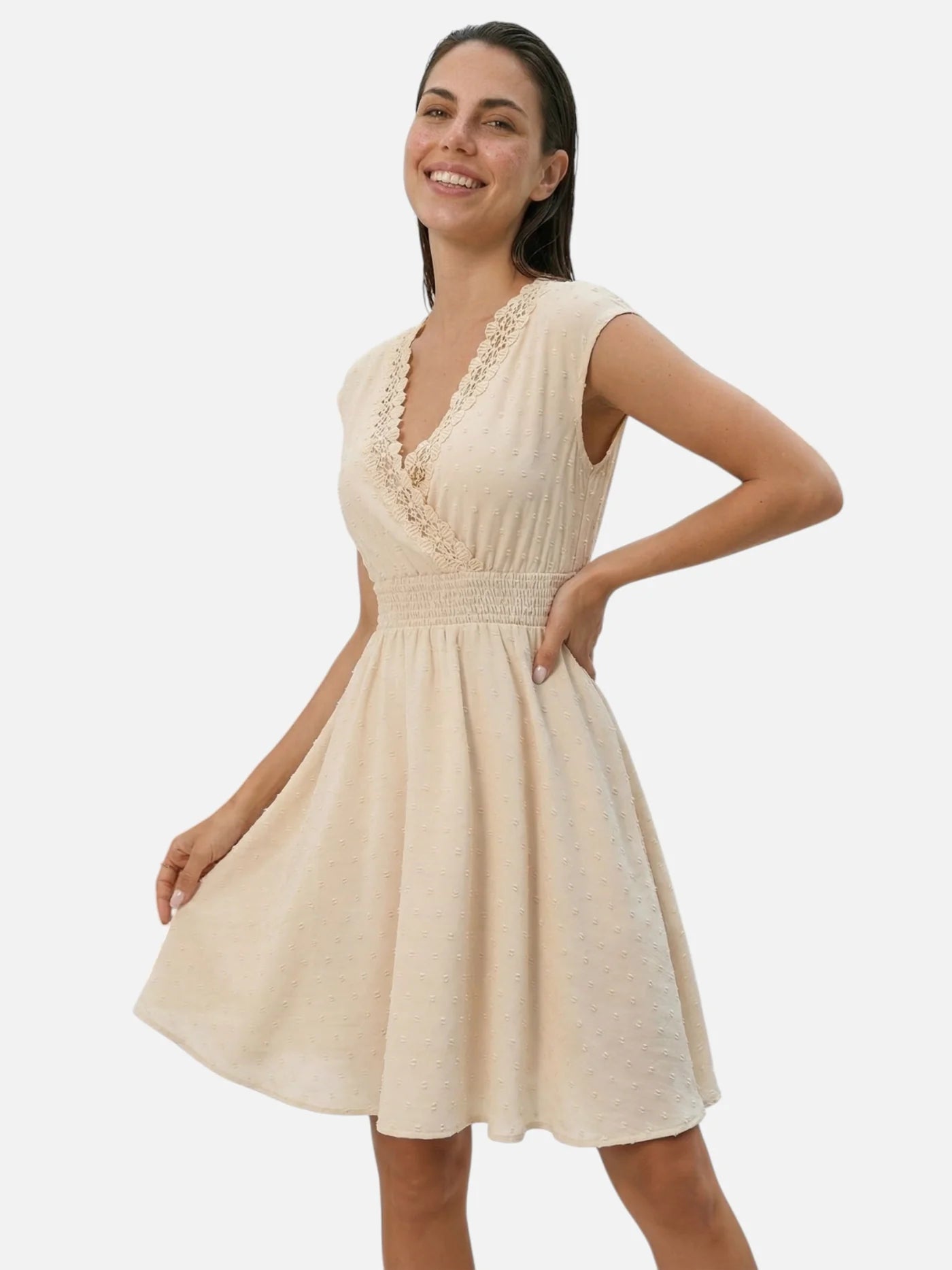 Women’s Flowy Mini Dress with Lace V Neck and Smocked Waist