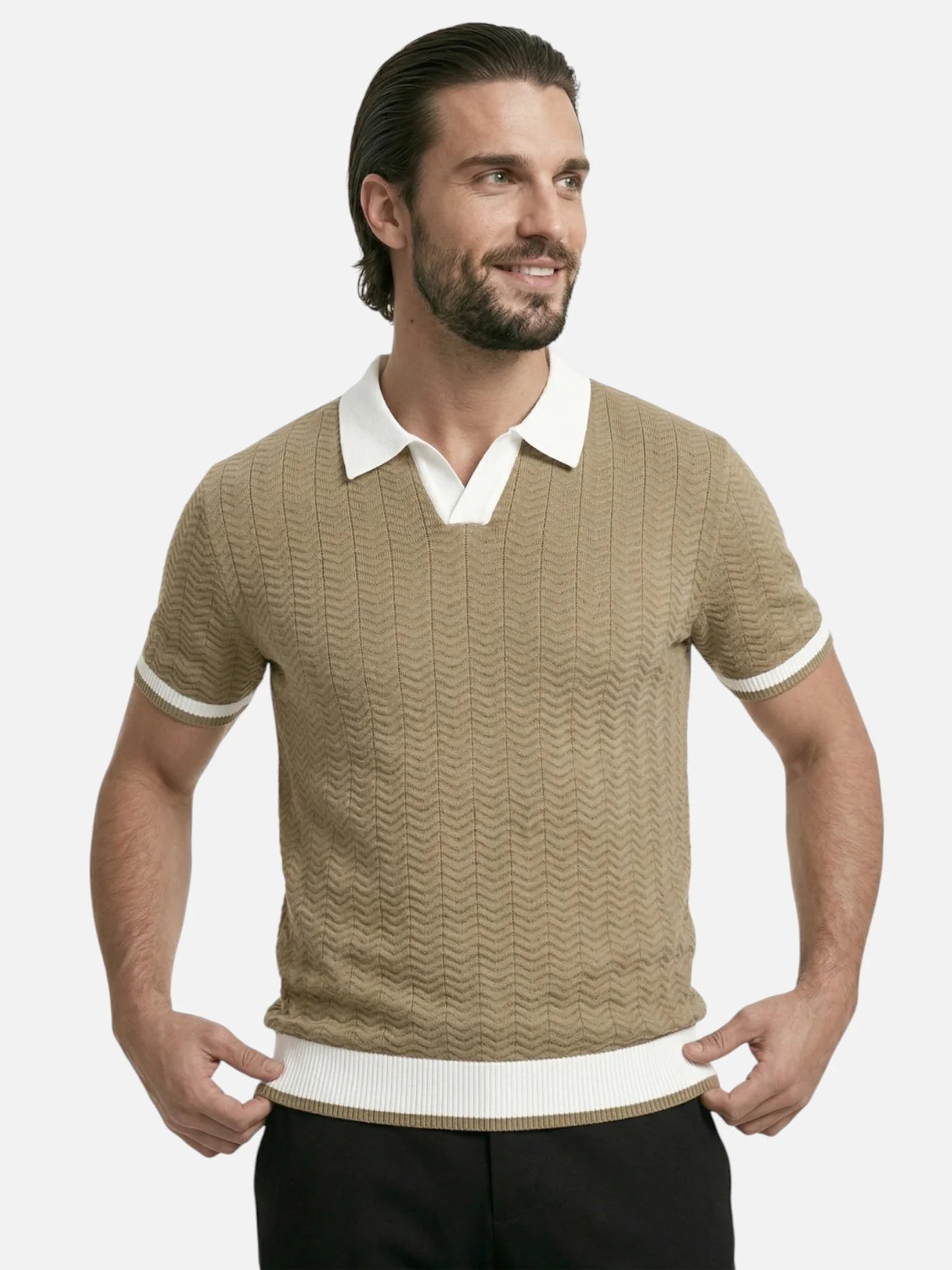 Men’s Textured Knit Polo Shirt Short Sleeve Contrast Collar Lightweight