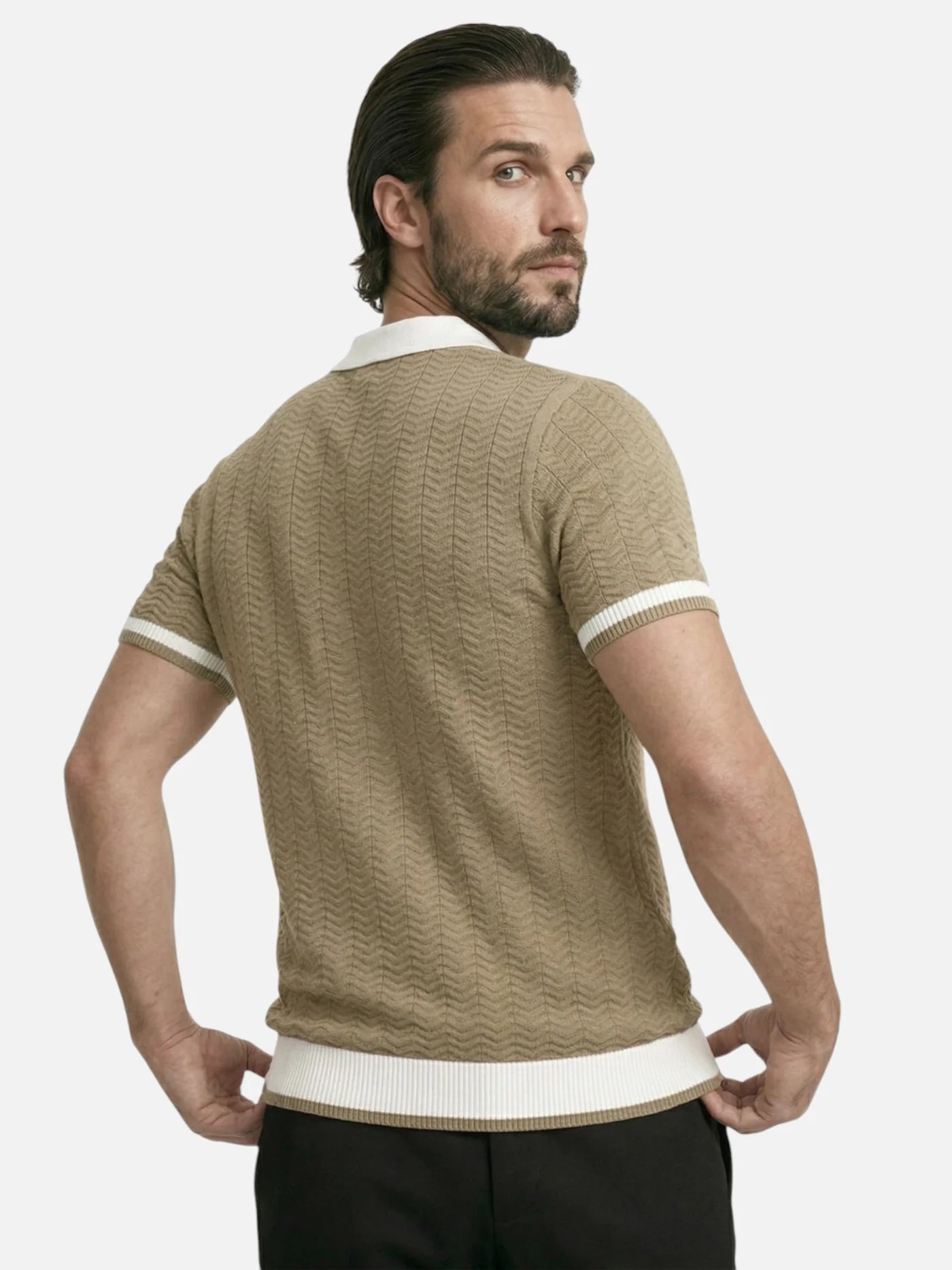 Men’s Textured Knit Polo Shirt Short Sleeve Contrast Collar Lightweight