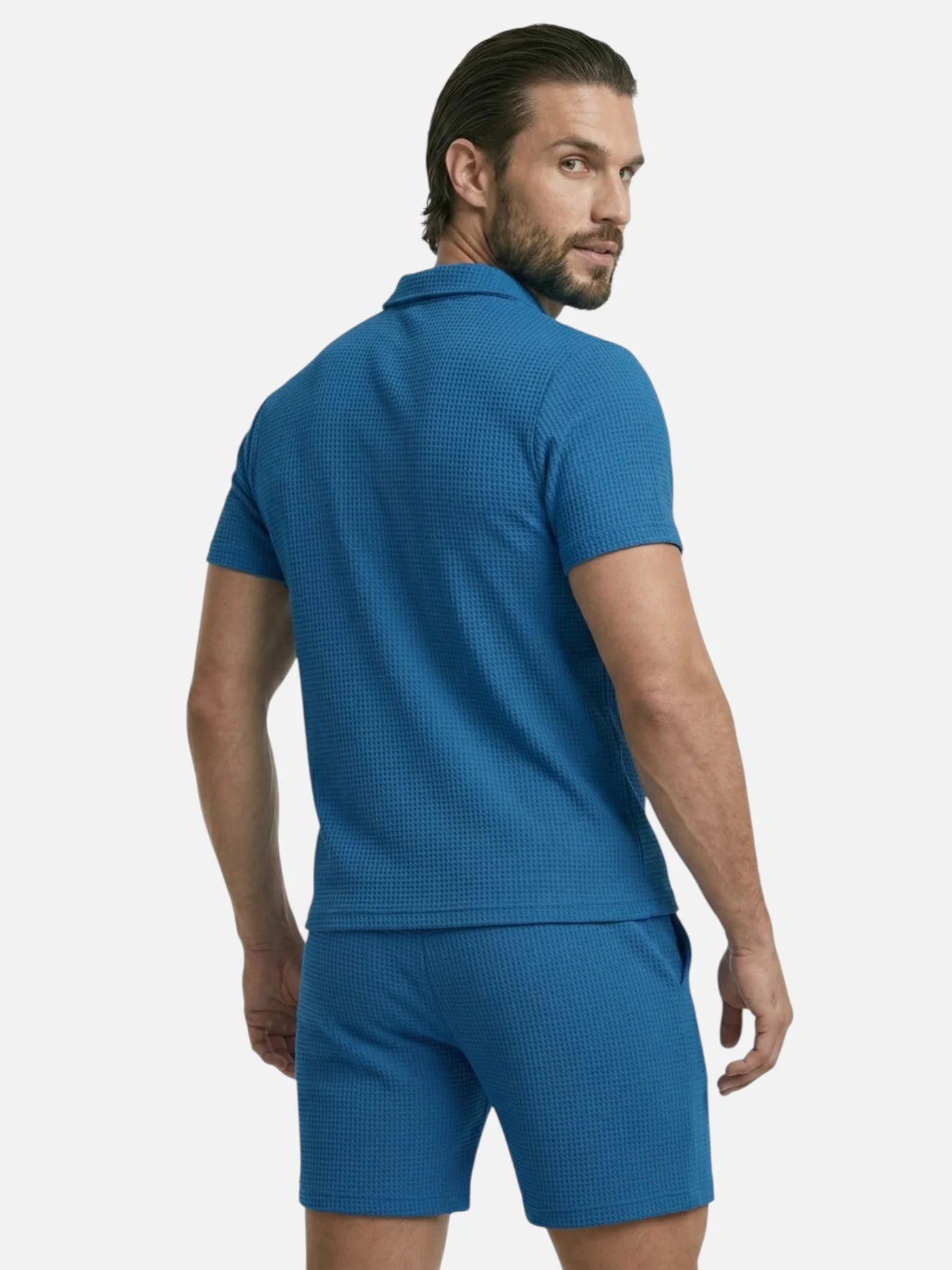 Men’s Textured Summer Set with Short Sleeve Polo and Matching Shorts