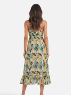 Women's Flowy Midi Dress with Abstract Print and Spaghetti Straps