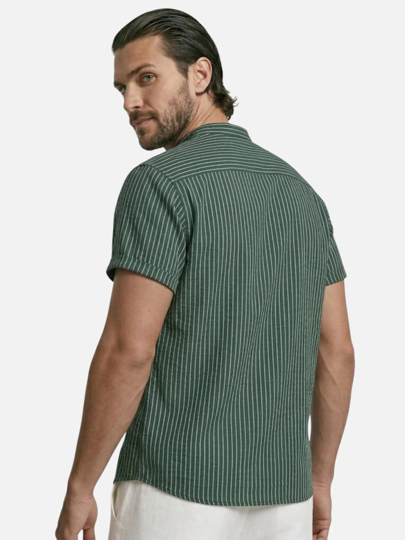 Men’s Striped Short Sleeve Shirt Mandarin Collar Lightweight Summer Shirt