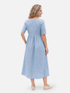 Women's Midi Dress with Linen-Look, Short Sleeves and Pockets