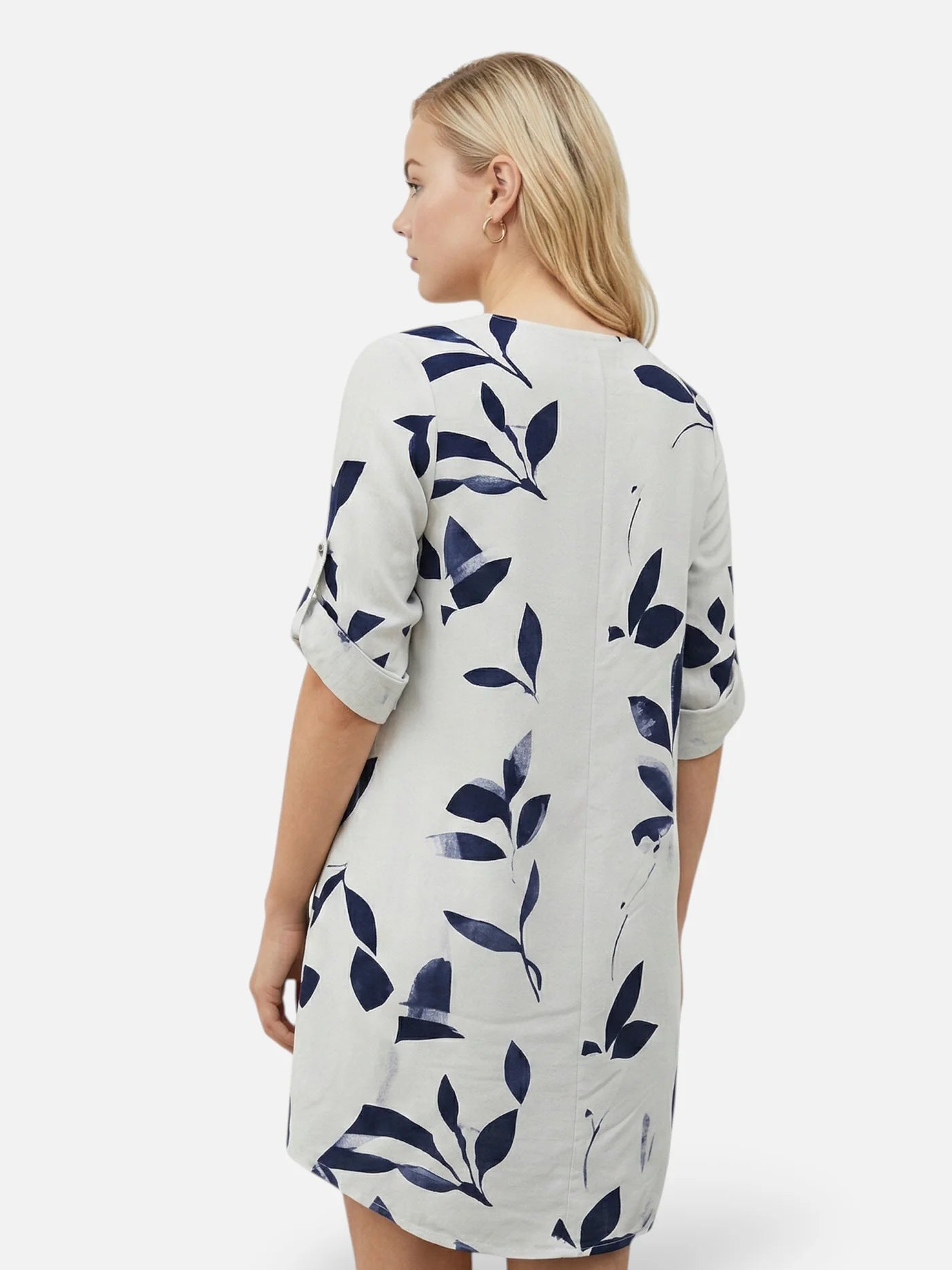 Women’s V Neck Mini Dress with Leaf Print and Rolled Short Sleeves
