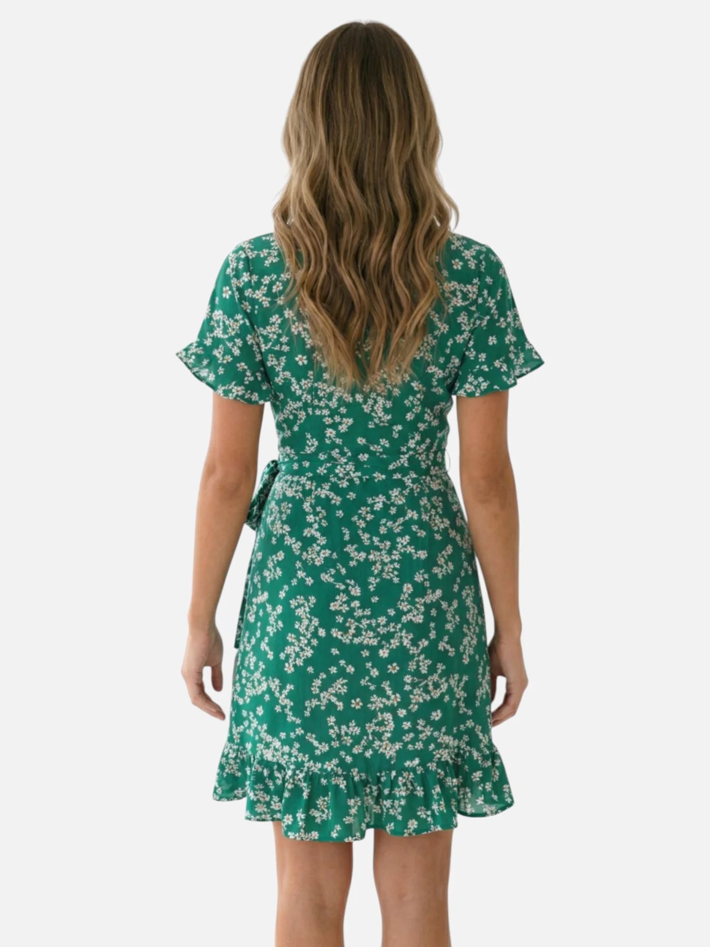 Women’s Floral Wrap Mini Dress with Short Sleeves and Ruffle Hem