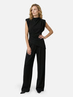 Women’s Two-Piece Set with Asymmetrical Draped Top and Wide-Leg Pants