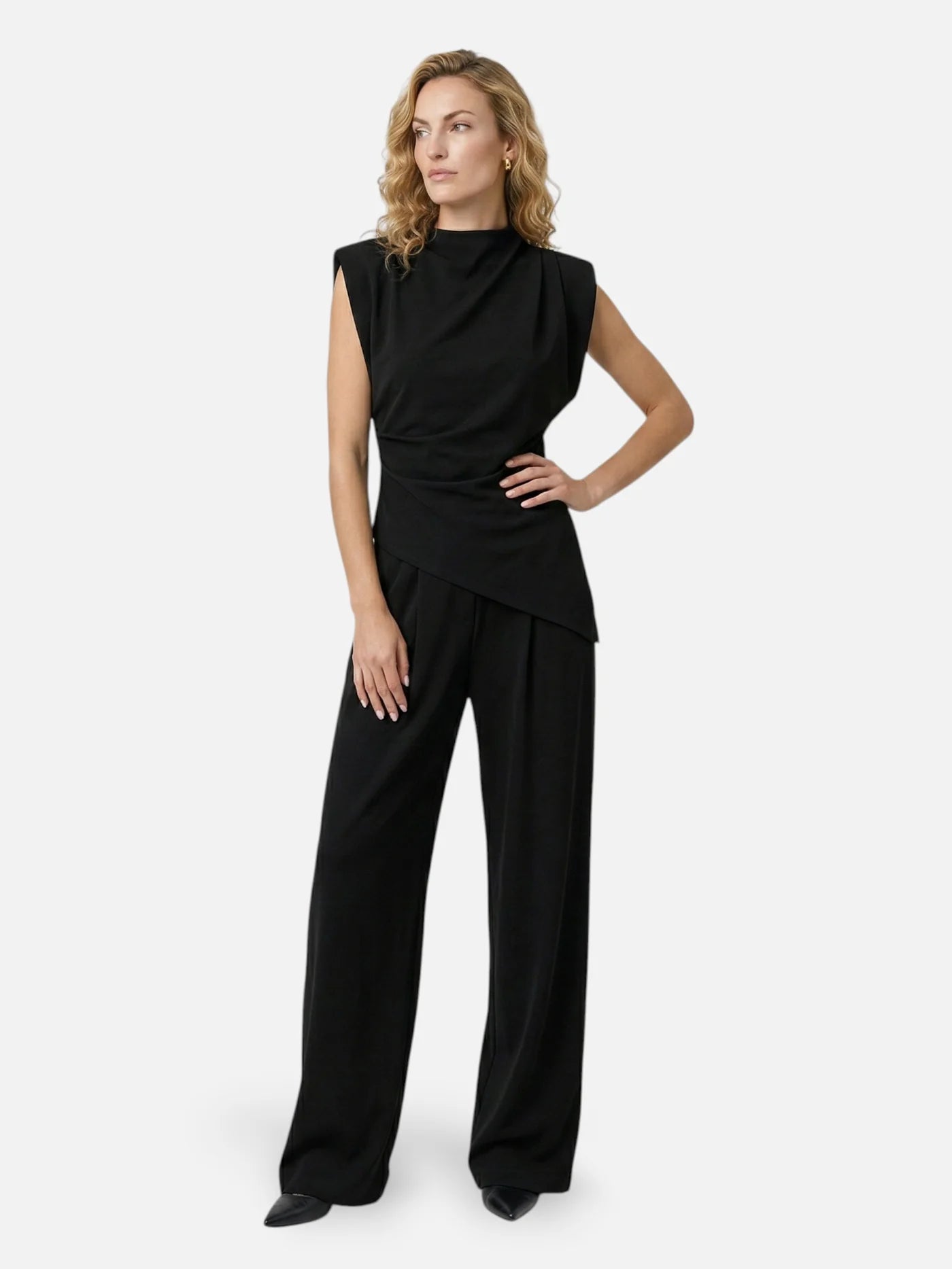 Women’s Two-Piece Set with Asymmetrical Draped Top and Wide-Leg Pants