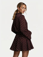 Women’s Polka Dot Dress with High Neck Tie and Long Sleeves