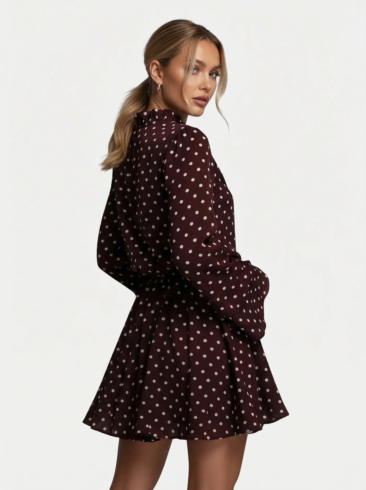 Women’s Polka Dot Dress with High Neck Tie and Long Sleeves