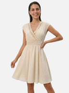 Women’s Flowy Mini Dress with Lace V Neck and Smocked Waist