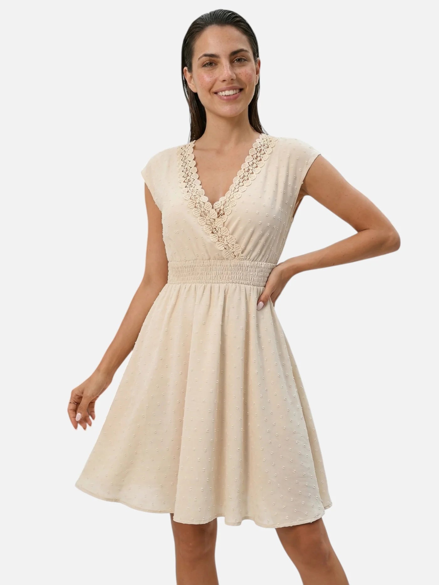 Women’s Flowy Mini Dress with Lace V Neck and Smocked Waist
