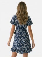 Women’s Floral Wrap Mini Dress with Short Sleeves and Ruffle Hem