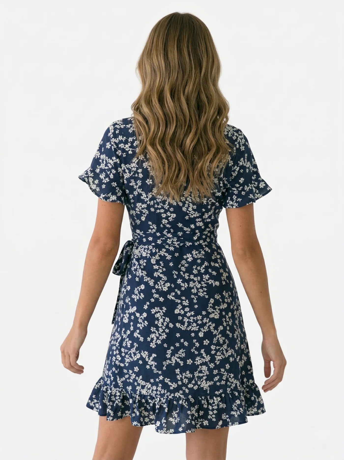 Women’s Floral Wrap Mini Dress with Short Sleeves and Ruffle Hem